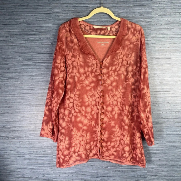 Soft Surroundings Rose Pink Floral Embroidered Silk Blouse Top - size Medium - Picture 1 of 9
